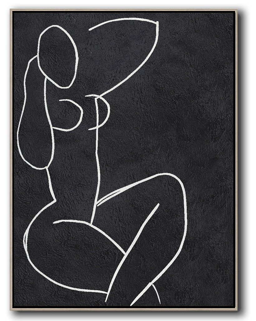 Hand-Painted Black And White Minimal Painting On Canvas - Large Paintings Drawing Room Large